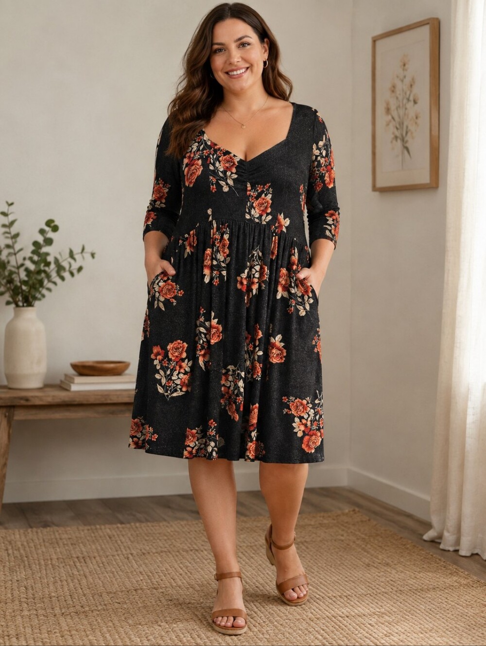 Torrid Super Soft Dress Grey Floral Knit Sweetheart Neck Sz 2 (2X) CozyChic